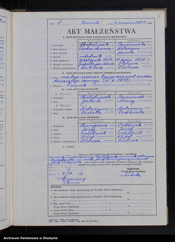 Obraz 7 z jednostki "Księga małżeństw Nr 1 - 12,1 - 9,1 - 15,1 - 12,1 - 17 i 1 - 15 /brak lat 1880 - 1882/ /przepisana w języku polskim z oryginału niemieckiego w dniach 8.10.-11.10.1961/"