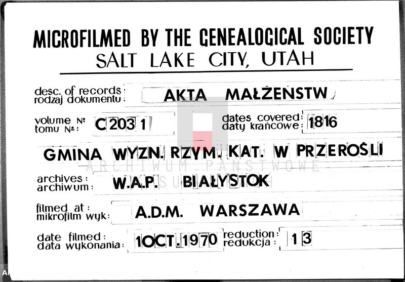 image.from.unit.number "Akta Gminy Przeroslskiey Zaślubionych od Dnia 1- wszego Stycznia Roku 1816"