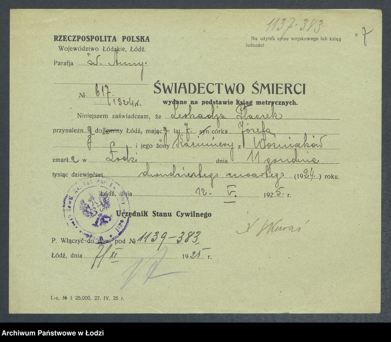 Obraz 9 z jednostki "Dowody metrykalne stałych mieszkańców m. Łodzi nr domu 1139-1140"