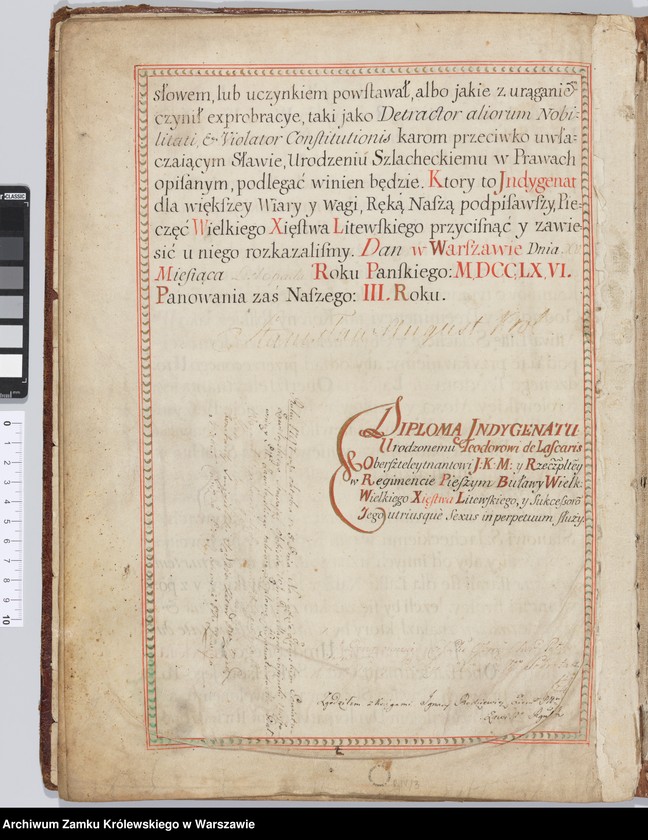 image.from.unit.number "Stanisław August król Polski etc... nadaje Teodorowi de Laskaris oberszter-lejtnantowi regimentu pieszego Wielkiego Księstwa Litewskiego indygenat, po uchwale sejmu 1766"