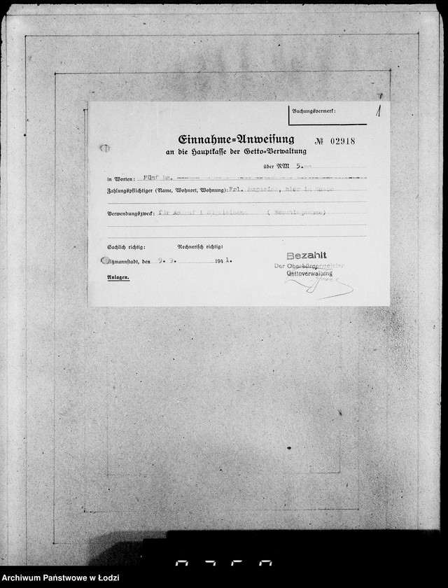 Obraz 5 z jednostki "Einnahme Anweisungen. [Sprzedaż przedmiotów skonfiskowanych]"