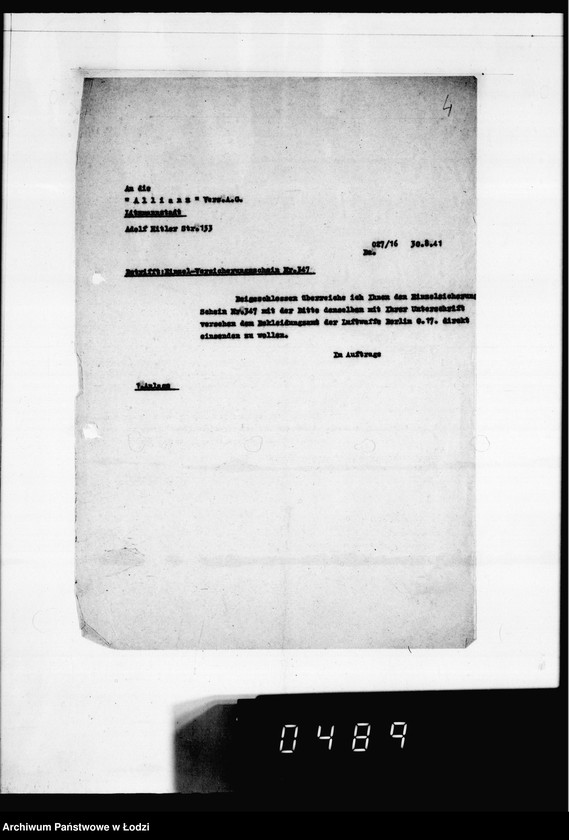 Obraz 8 z jednostki "Versicherungsakten Gesel[l]schaft [Korespondencja i polisy ubezpieczeniowe budynków i magazynów z żywnością, odzieżą, surowcami do produkcji w Getcie Łódzkim]"