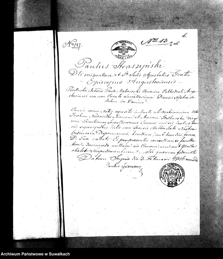image.from.unit.number "Dowody do Aktów Małżeństwa Parafii Suwalskiey za Rok 1846."
