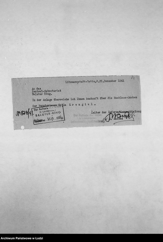 Obraz 17 z jednostki "[Korespondencja PSŻ z GV, z instytucjami i firmami niemieckimi w sprawie informacji o mieszkańcach getta: ich adresach, majątku, narodowości itp. – w związku z rentami i wierzytelnościami]"