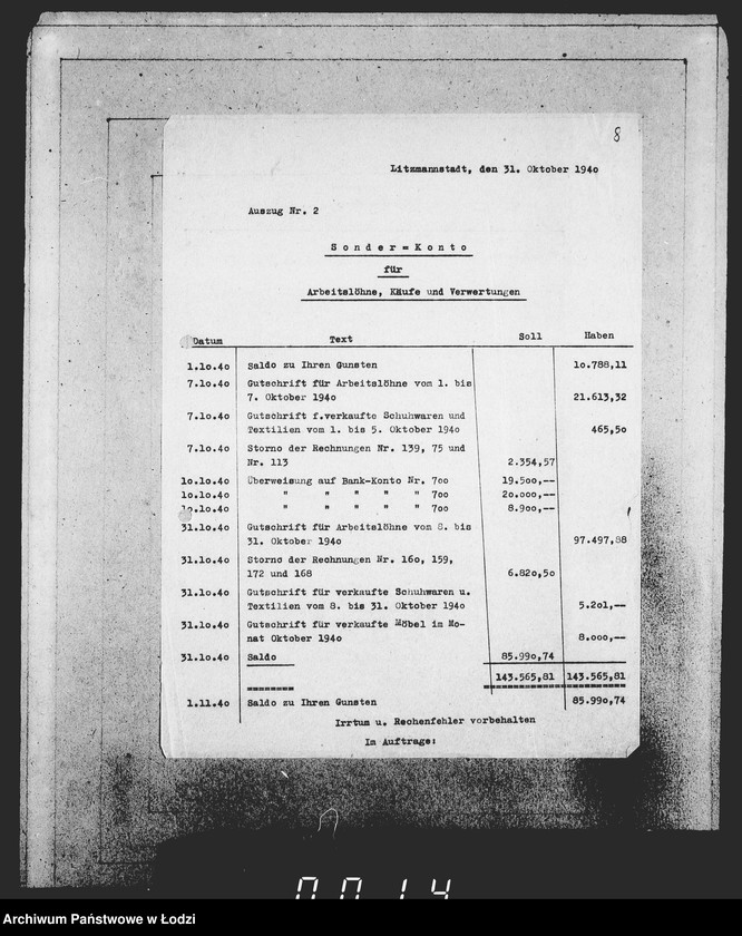 Obraz 12 z jednostki "Auszüge Aufstellungen für das Sonder-Konto"