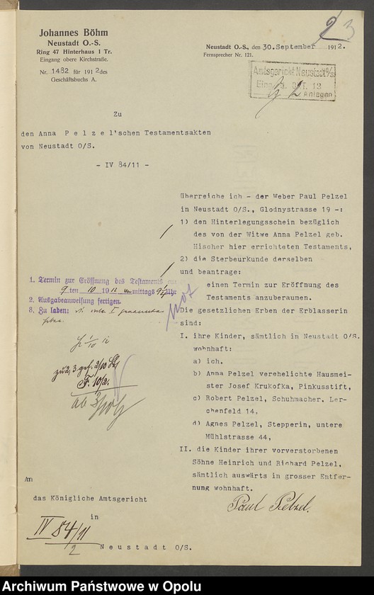 image.from.unit.number "Verfügung von Todes wegen der Witwe Anna Pelzel geb[orene] Hischer in Neustadt"
