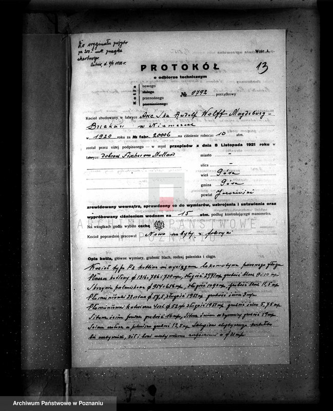 Obraz 18 z jednostki "Majętność Góra pow. jarociński, własność Fischer von Mollard nr fabr. kotła 20006 nr woj. kotła 92"