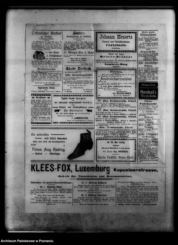 image.from.unit.number "Afisze, druki, odezwy, wycinki prasowe związane z wybuchem wojny i jej przebiegiem, między innymi telegramy: o mobilizacjiz 2 sierpnia 1914 roku i rekwirowaniu pojazdów oraz rozkład jazdy pociągów specjalnych w związku z mobilizacją [język niemiecki.]"