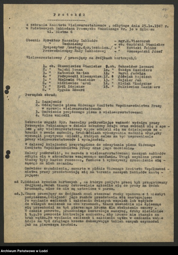 Obraz 20 z jednostki "Współzawodnictwo pracy; protokoły i sprawozdania zakładów przemysłu wełnianego"
