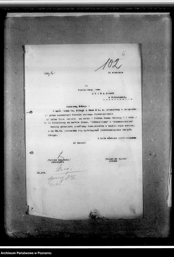 Obraz 10 z jednostki "Sprawy organizacyjne i personalne, korespondencja - członkowie, skład zarządu, sprawozdania z uroczystości, protokoły, zawiadomienia"