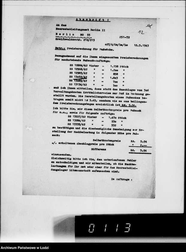 Obraz 16 z jednostki "444 Kriegsauftrag 13052/42 Winter 38 1803 St.Fusssäcke HBA Berlin II"