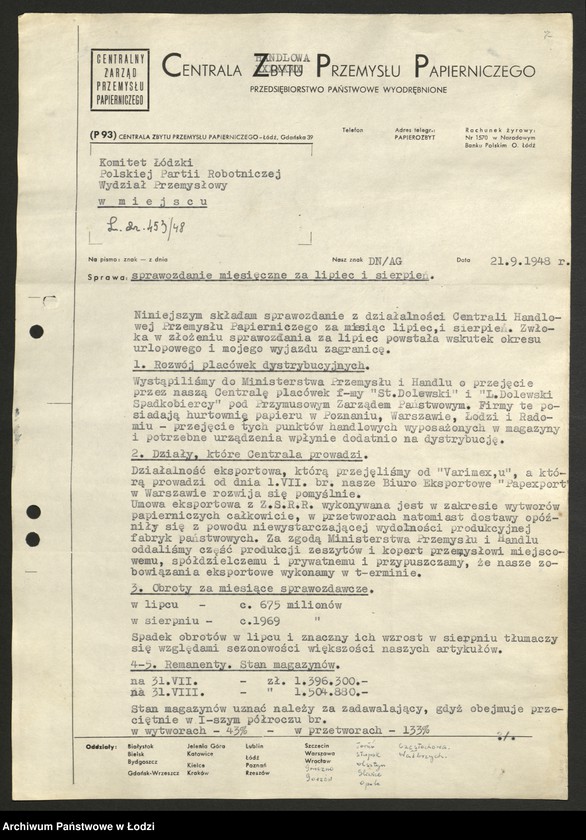 Obraz 8 z jednostki "Centrala Zbytu Przemysłu Papierniczego; sprawozdania miesięczne"