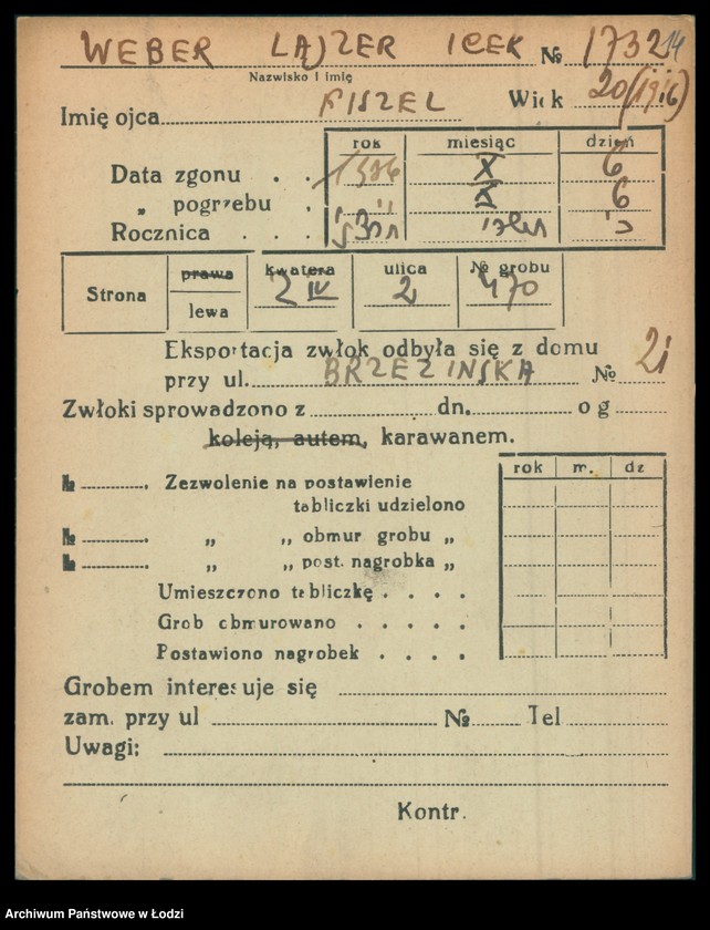 Obraz 15 z jednostki "Kartoteka osób pochowanych na cmentarzu żydowskim przy ulicy Brackiej w latach 1892-1957. Nazwiska na litery: Wd-Wis"