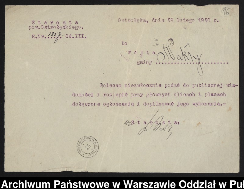 image.from.unit.number "Akta organizacyjne, okólniki [m.in. regulamin służbowy, wykaz organizacyjny powiatu ostrołęckiego, wyciągi z ustaw]"