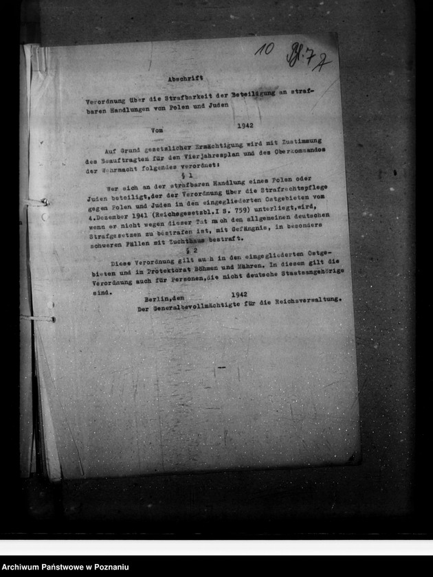 Obraz 15 z jednostki "Verordnung über die Strafbarkeit der Beteiligung an strafbaren Handlungen von Polen und Juden"