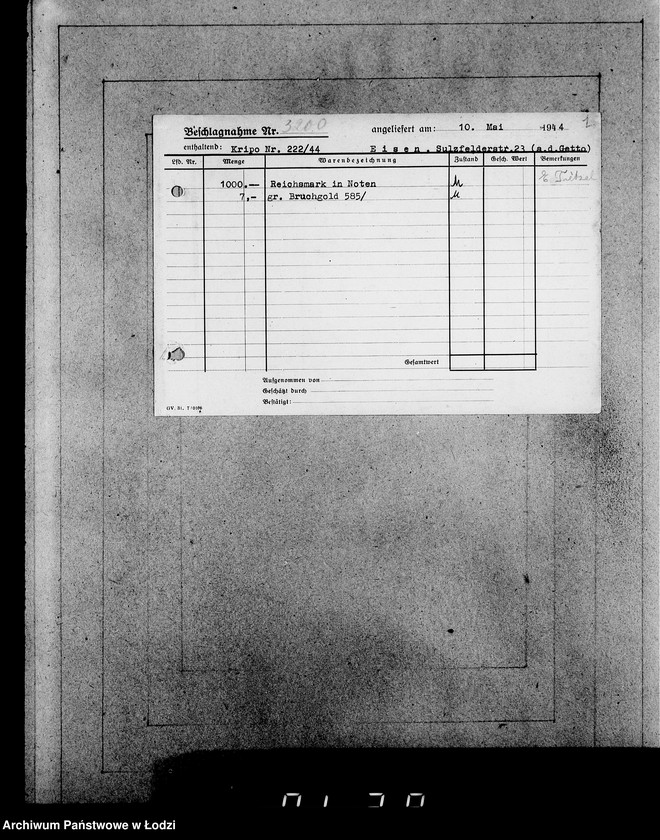 Obraz 5 z jednostki "Kripo.Unterlagen 3000-3200.[Dokumenty konfiskaty majątku ruchomego u Żydów]"