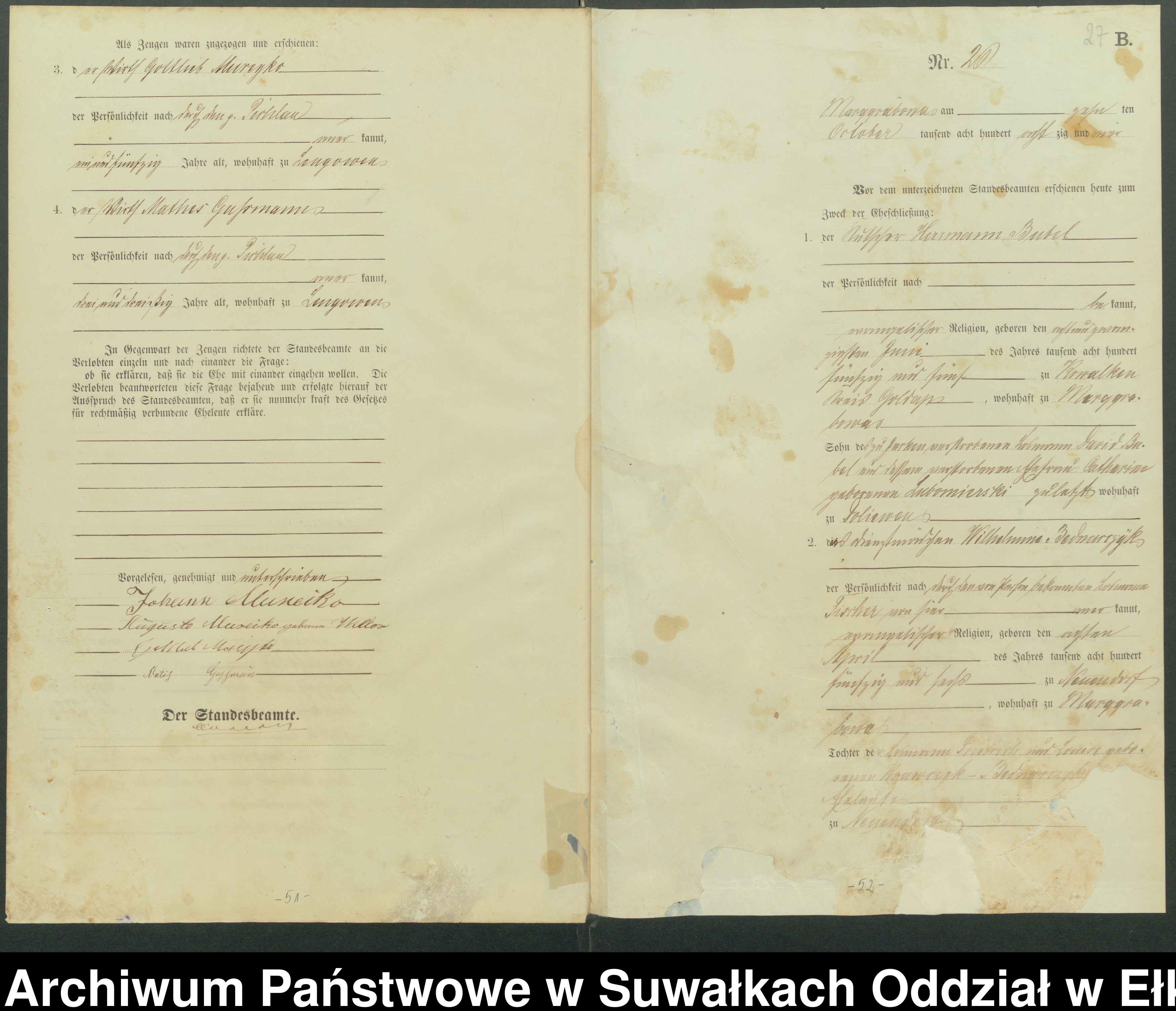 Skan z jednostki: Heiraths-Haupt-Register des Königlichen Preussischen Standes-Amtes Stadtgemeinde Marggrabowa Kreis Oletzko