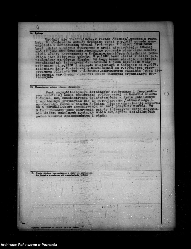 Obraz 14 z jednostki "/Wnioski o odznaczenie ,,Krzyżem Zasługi/"