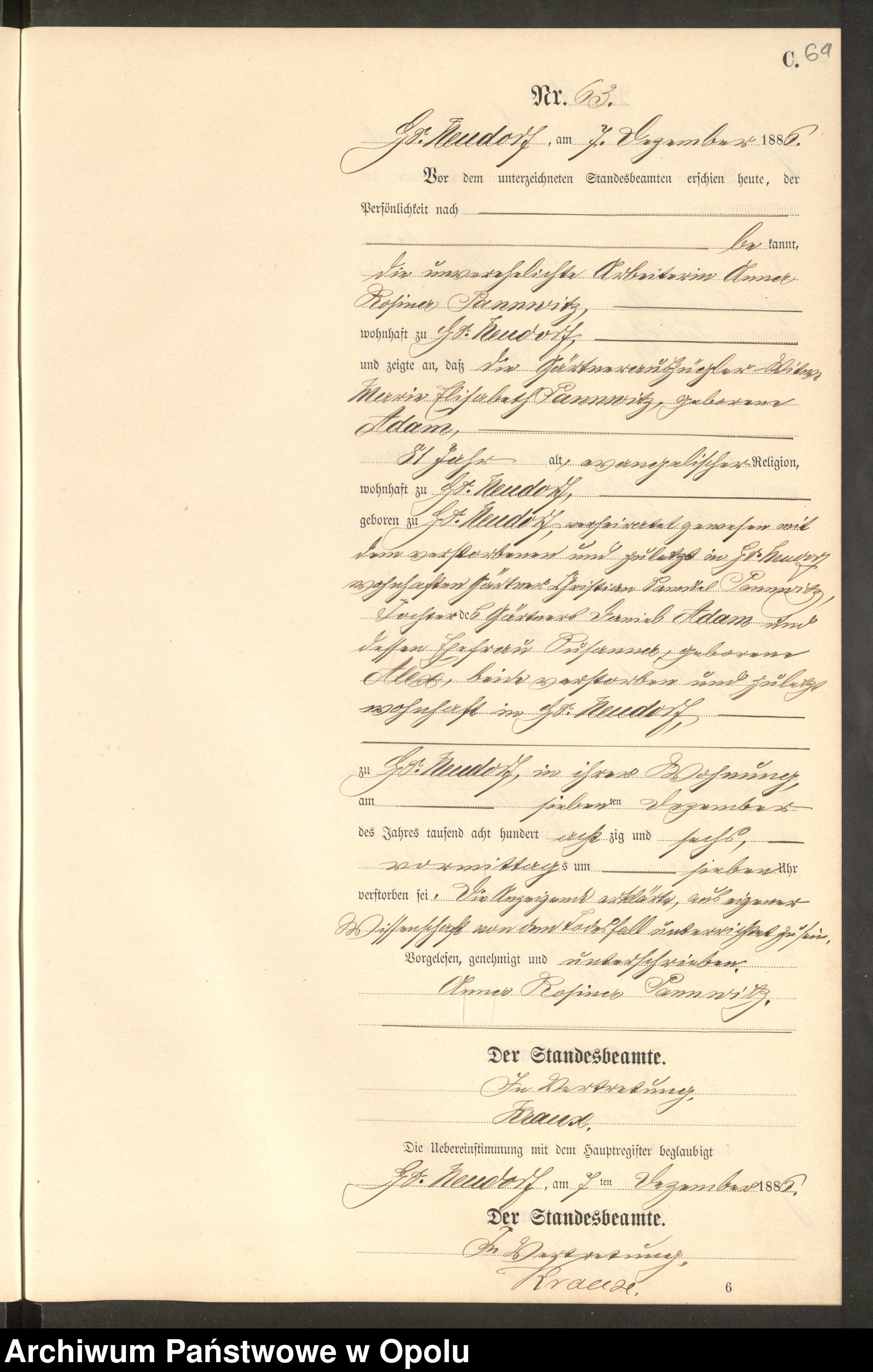 Skan z jednostki: Sterbe-Neben-Register Standes-Amt Gr.[oss] Neudorf 1886