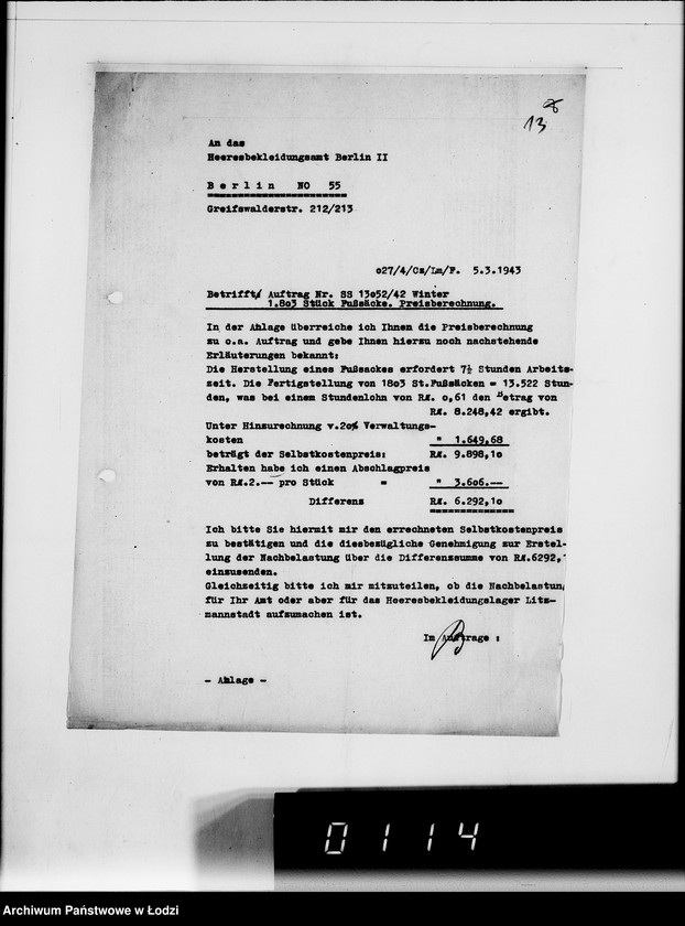 Obraz 17 z jednostki "444 Kriegsauftrag 13052/42 Winter 38 1803 St.Fusssäcke HBA Berlin II"