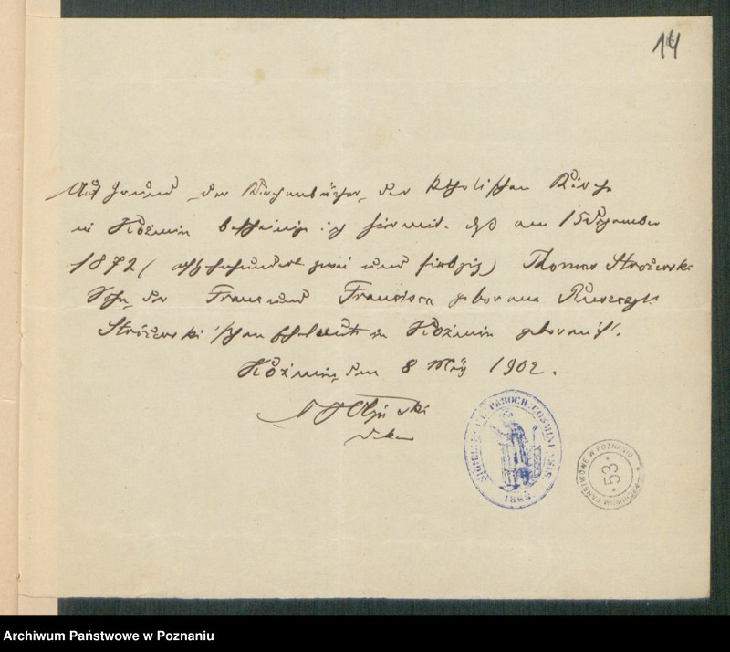 Obraz 16 z jednostki "[Dokumenty dostarczone przez narzeczonych do zawarcia związku małżeńskiego za 1902 rok. Tom IX]"