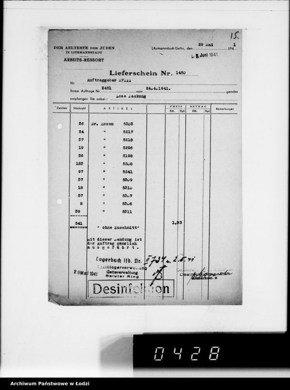 Obraz 19 z jednostki "[Dowody dostawy odzieży dla firmy dla Asmann u.Co.Berlin"