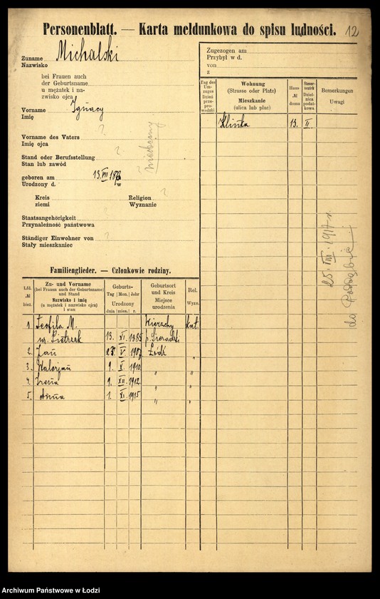 Obraz 14 z jednostki "[Spis ludności Łodzi] Michalski - Michałowicz"
