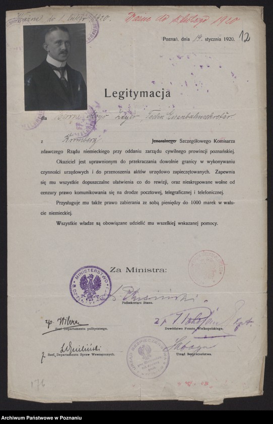 Obraz 14 z jednostki "[Egzemplarz legitymacji wydanych przez polskie władze komisarzom niemieckim dla oddania zarządu cywilnego prowincji poznańskiej]"