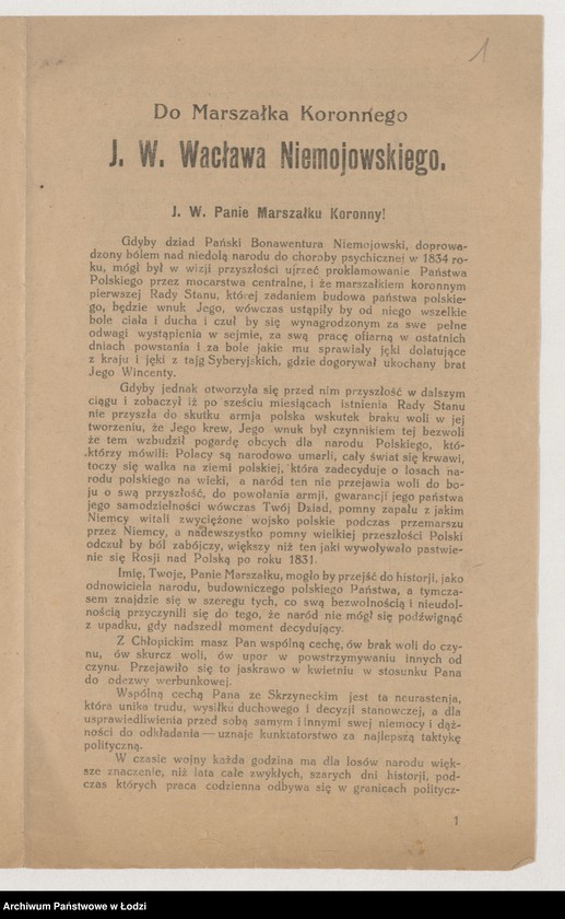 Obraz 1 z jednostki "[List otwarty Władyława Sudnickiego do marszałka Koronnego Włacława Niemojowskiego]"