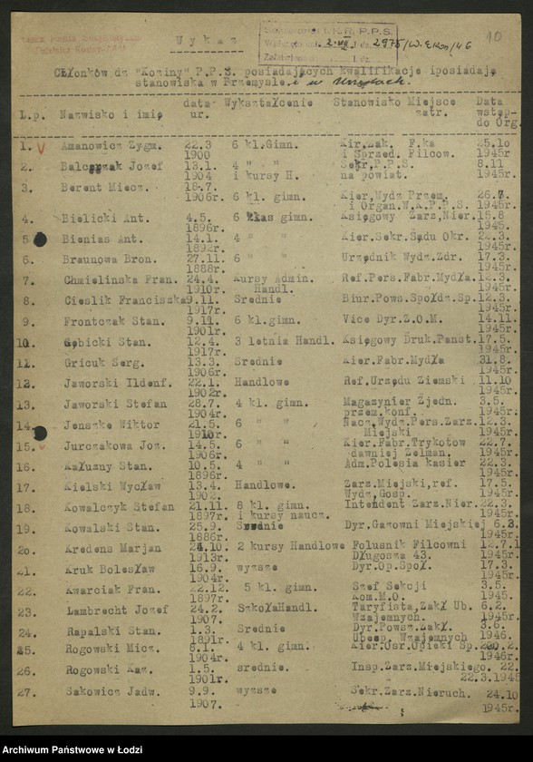 Obraz 11 z jednostki "Wykazy członków PPS na kierowniczych stanowiskach w zakładach pracy"