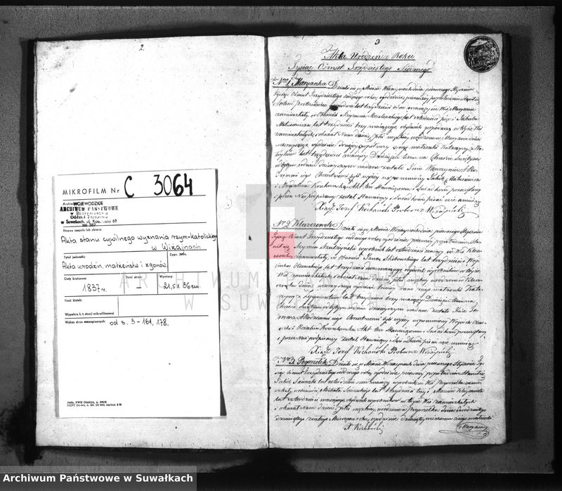 image.from.unit.number "Księga duplikat urodzenia, małżeństw i zejscia parafii wiżayńskiey z roku 1837"