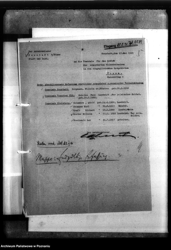 Obraz 9 z jednostki "Kreis Grätz (Grodzisk). Wykazy i korespondencja w sprawie miejscowych Niemców, którzy zginęli w 1939 roku"
