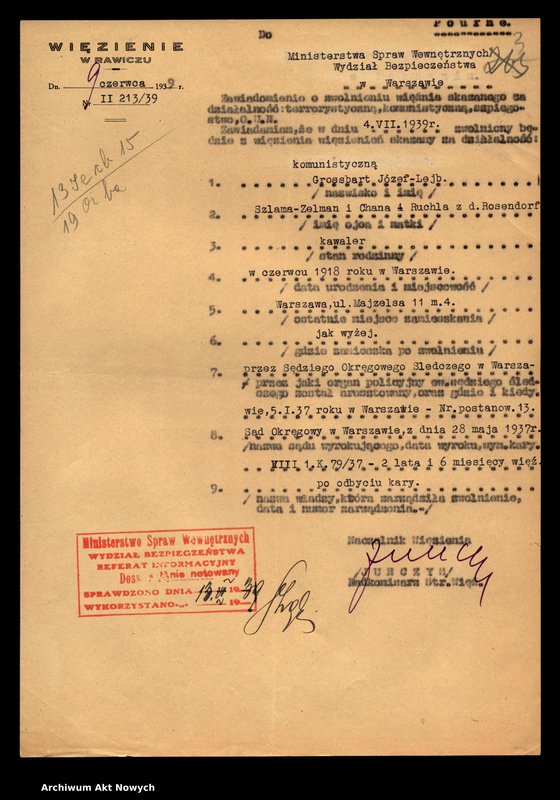 image.from.unit.number "Więzienie w Rawiczu - informacje o zwolnieniu osób skazanych za działalność komunistyczną. Kwestionariusze."