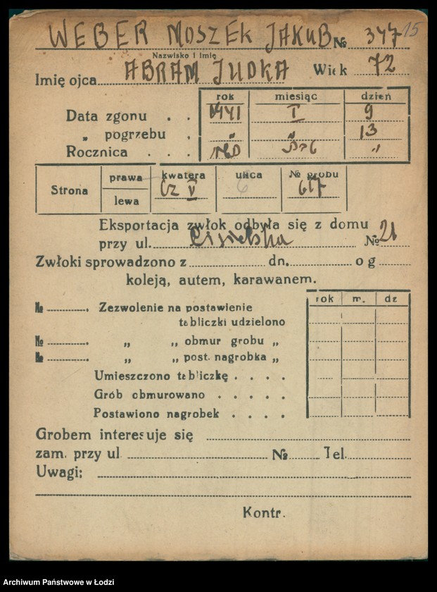 Obraz 16 z jednostki "Kartoteka osób pochowanych na cmentarzu żydowskim przy ulicy Brackiej w latach 1892-1957. Nazwiska na litery: Wd-Wis"