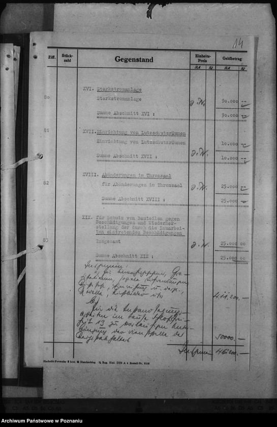 Obraz 18 z jednostki "Kostenvoranschlag. Neugestaltung des Schlosses zu Posen"