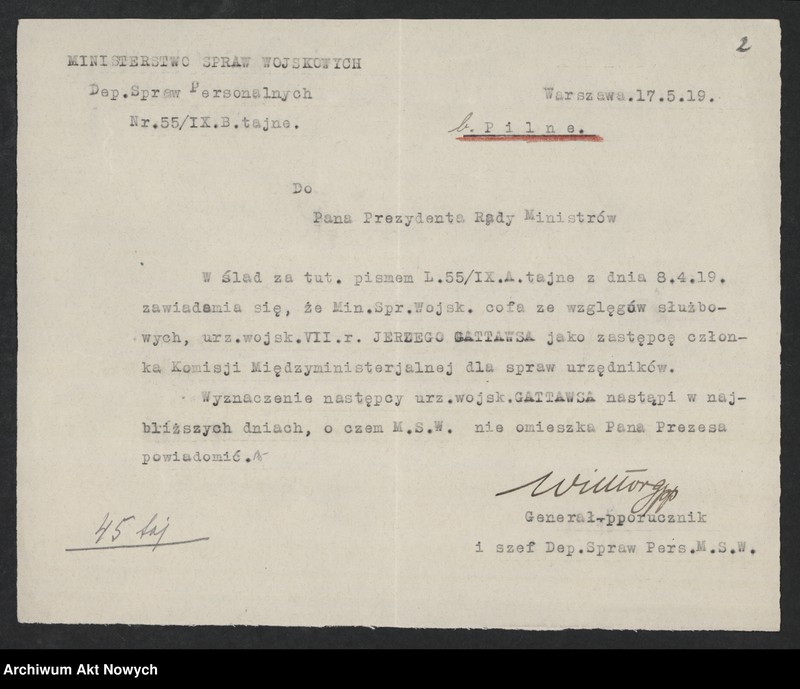 image.from.unit.number "Powołanie Komisji do kwalifikacji urzędników w ministerstwach. List S. Wojciechowskiego (kopia)"