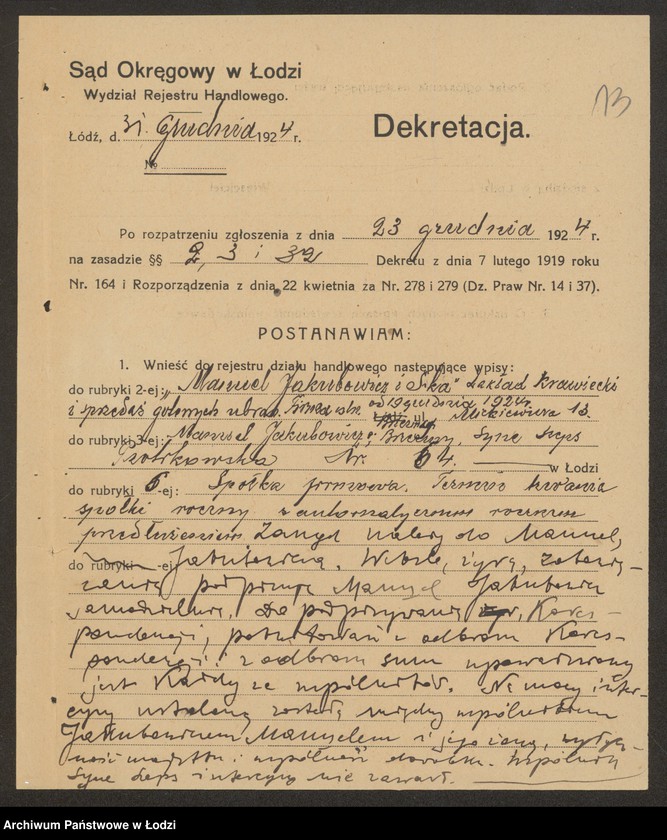 Obraz 15 z jednostki "Manuel Jakubowicz i S-ka – skład krawiecki i sprzedaż gotowych ubrań"