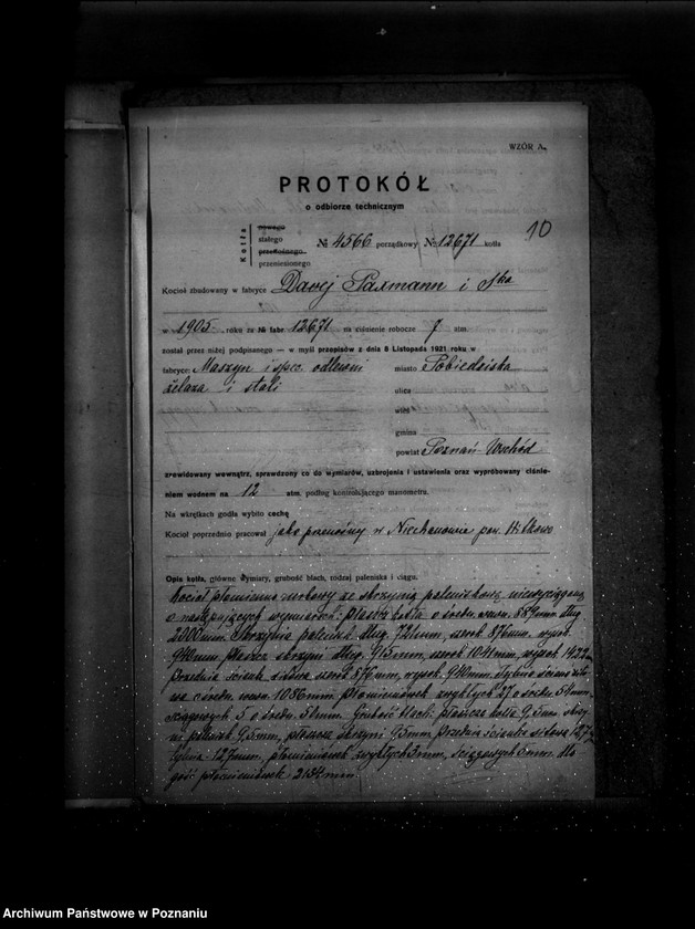 Obraz 14 z jednostki "Fabryka maszyn W. Staszewskiego w Pobiedziskach powiat poznański nr porządkowy kotła 66"