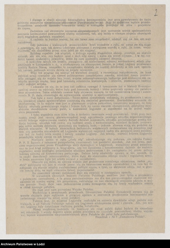 Obraz 2 z jednostki "[Ulotka Stronnictwa Polskiej Demokracji w sprawie tworzenia armii]"