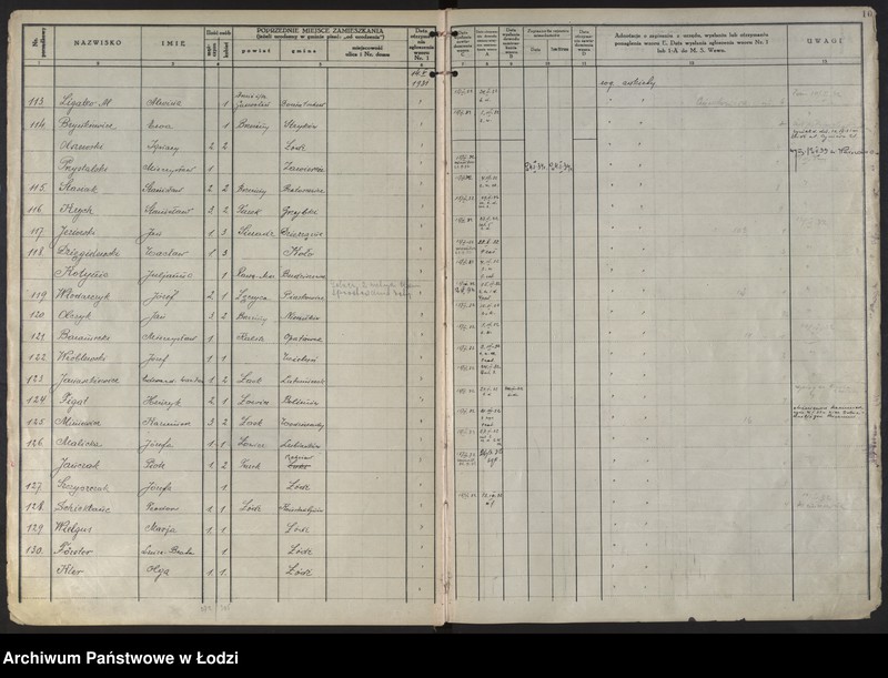 Obraz 13 z jednostki "Księga kontroli ruchu ludności (rejestr osób przybywających do gminy) Łódź, komisariat IV, ks. I, nr 1-3076"