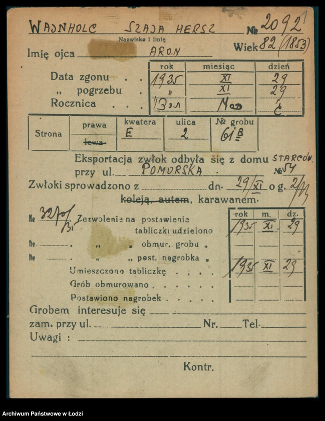 Obraz 2 z jednostki "Kartoteka osób pochowanych na cmentarzu żydowskim przy ulicy Brackiej w latach 1892-1958. Nazwiska na litery: Wajnh-Wajs"