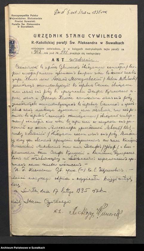 image.from.unit.number "Aneksa Aktów Ślubnych Rz-Katolickiej par. Wigierskiej za 1935 rok"