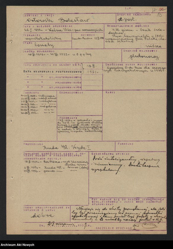 image.from.unit.number "Ewidencja szeregowych Policji Państwowej, zatrudnionych w pracy biurowej w Wydziale I Komendy Głównej Policji Państwowej. Wykazy."