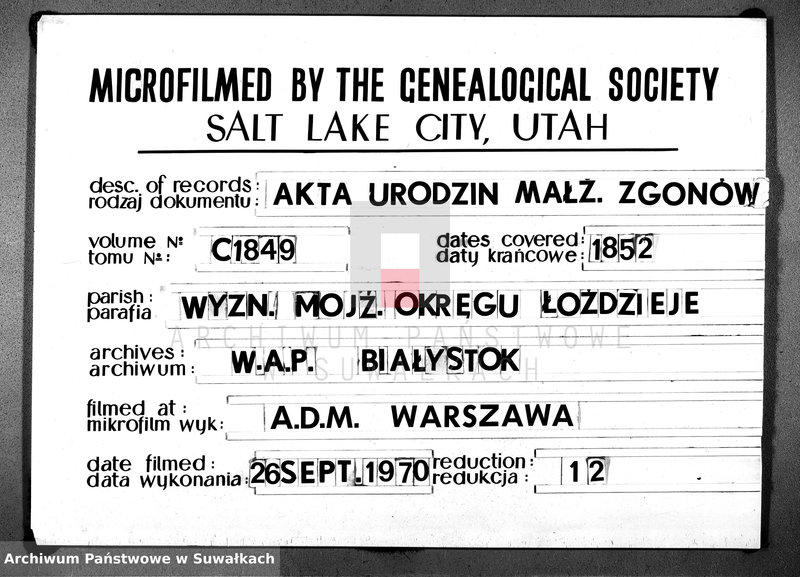 image.from.unit.number "Duplikat Urodzonych, Zaślubionych i Umarłych Żydów w Okręgu Łoździeje w 1852 roku."