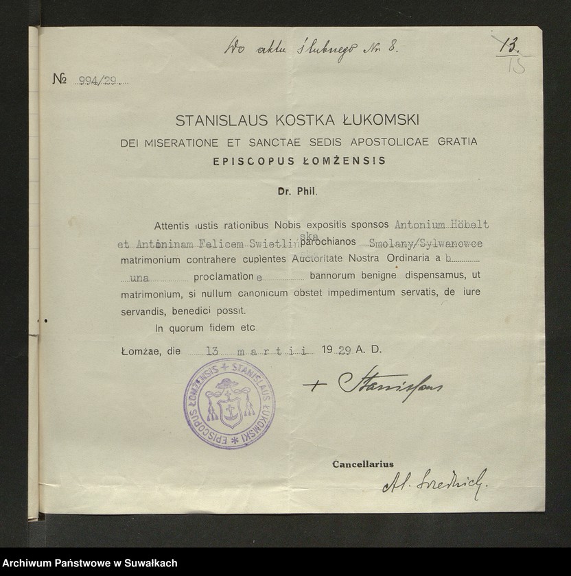 image.from.unit.number "Dokumenty Do aktów zaślubionych Smolańskiej R.K. Paraji za 1929 rok"
