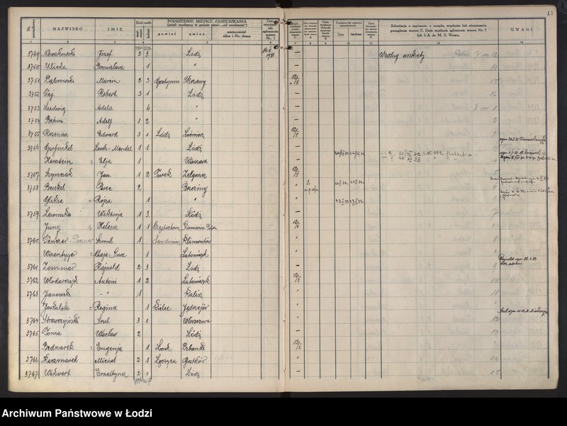 image.from.unit.number "Księga kontroli ruchu ludności (rejestr osób przybywających do gminy) Łódź, komisariat III, ks. II, nr 3484-6892"