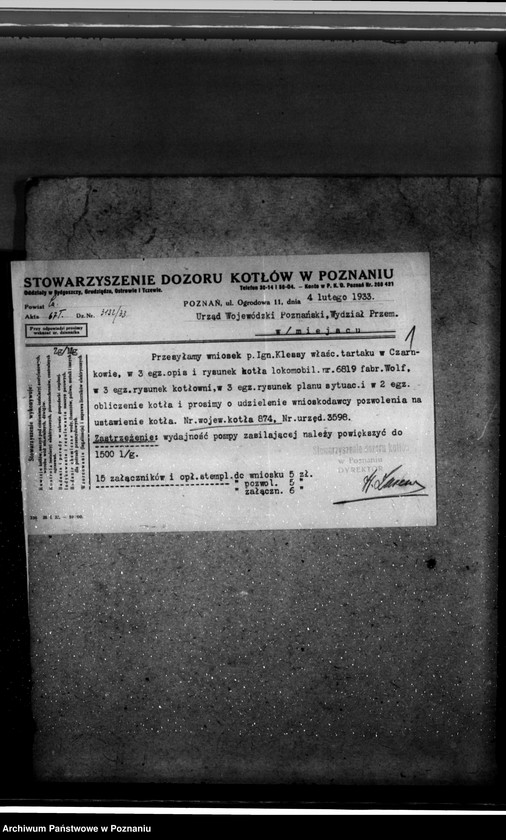 Obraz 5 z jednostki "Tartak w Czarnkowie Ignacego Klessy nr kotła fabr. 6819 nr kotła woj. 874"