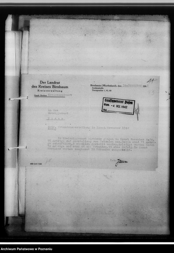 Obraz 18 z jednostki "[Korespondencja w sprawach organizacyjnych, sprawozdanie z działalności], Kreissippenamt Birnbaum [Międzychód]"