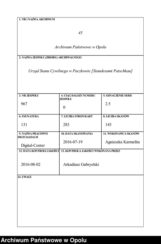 Obraz 1 z jednostki "Sterbe-Haupt-Register des Standesamts Patschkau Stadt und Land pro 1904"