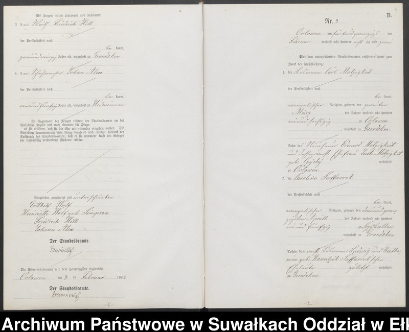Obraz 7 z jednostki "Heiraths-Neben-Register des Preussischen Standes-Amtes [Orlowen] Kreis [Loetzen] für das Jahr 1882"